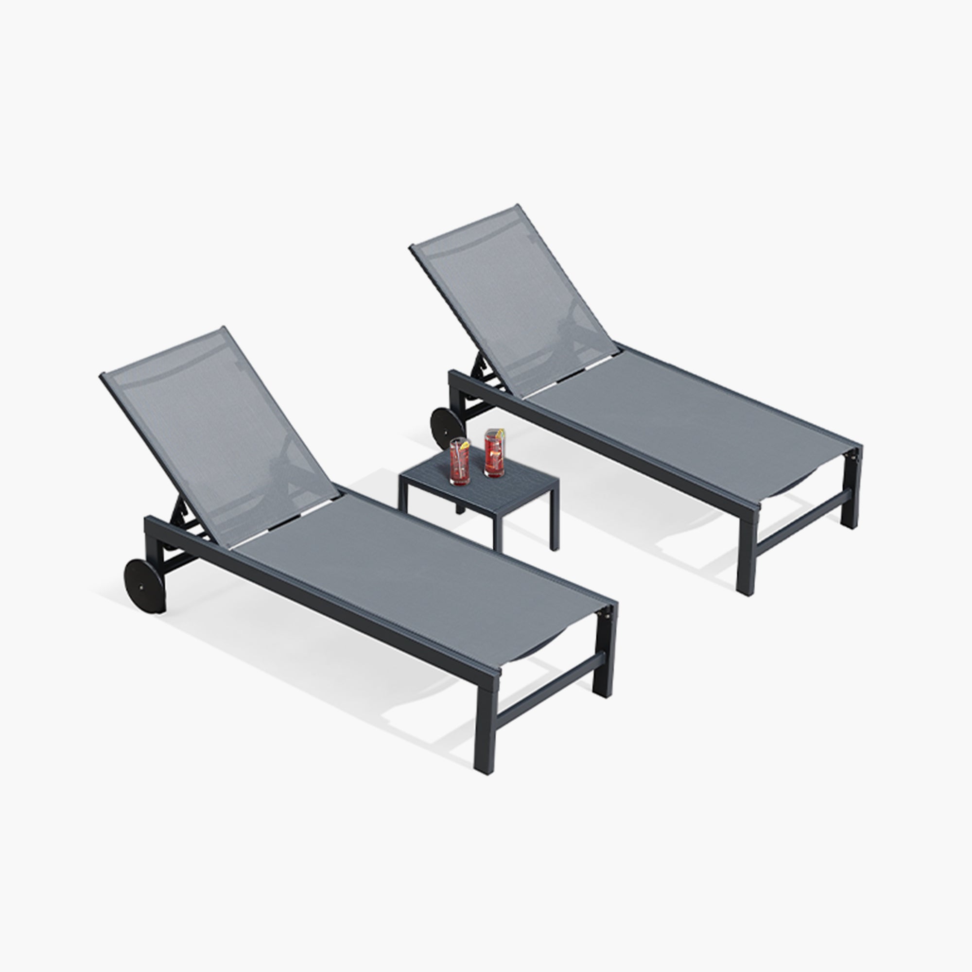 PURPLE LEAF Bain De Soleil Lot De 2 avec Table Textilène, Transat Jardin Exterieur Piscine Aluminium, Transat Piscine Anti UV, Charge Maximal 150 kg, Chaise Longue Pliable 2 roulettes