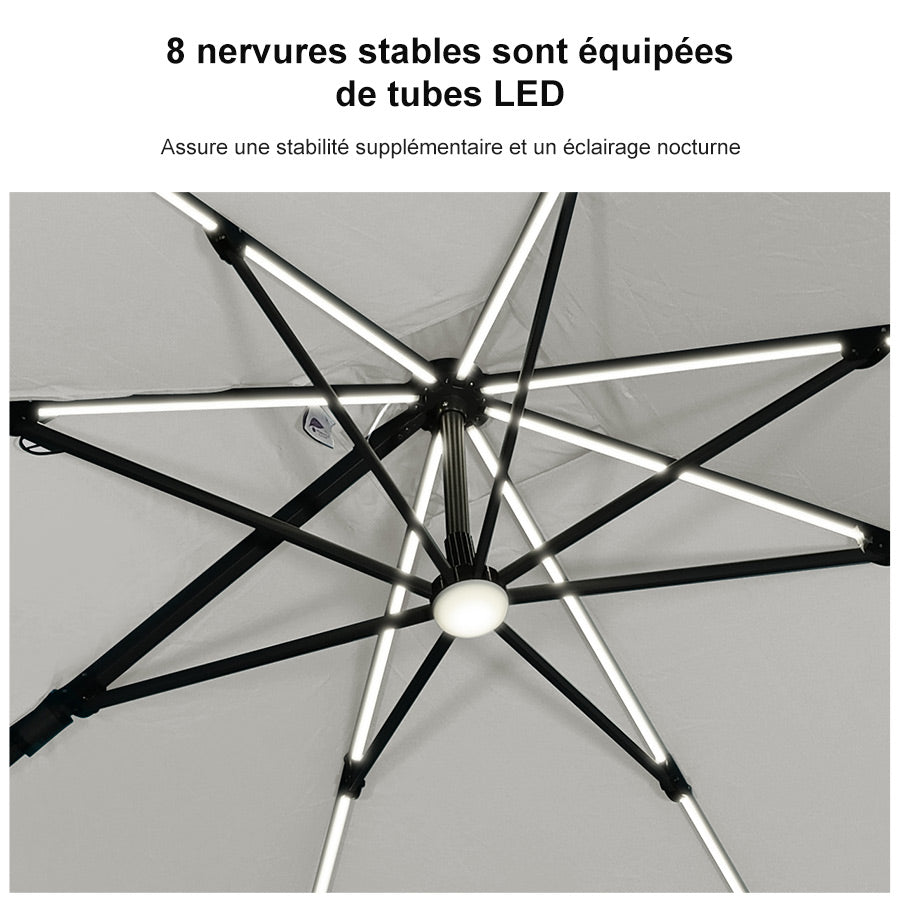 PURPLE LEAF Parasol Déporté avec LED Solaire 3 x 3 m Carré, Parasol De Jardin Extérieur Inclinable Toile Protection UV