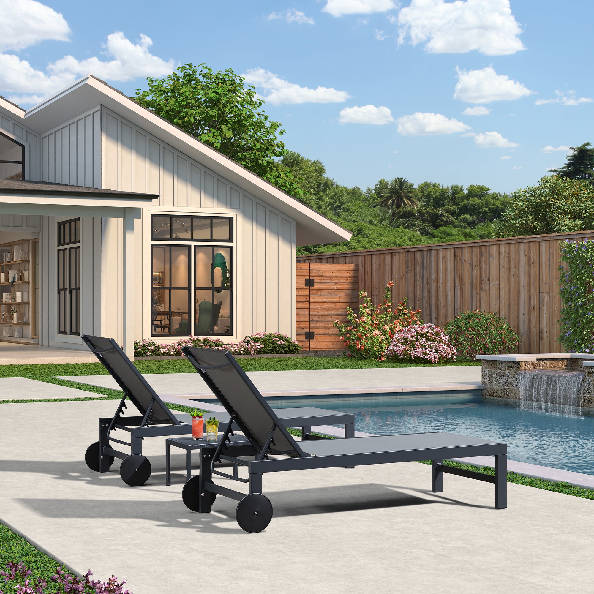 PURPLE LEAF Bain De Soleil Lot De 2 avec Table Textilène, Transat Jardin Exterieur Piscine Aluminium, Transat Piscine Anti UV, Charge Maximal 150 kg, Chaise Longue Pliable 2 roulettes