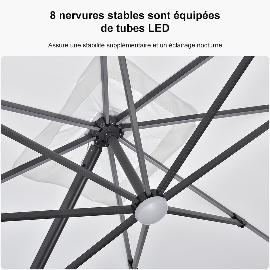 PURPLE LEAF Parasol Déporté avec LED Solaire 3 x 3 m Carré, Parasol De Jardin Extérieur Inclinable Toile Protection UV
