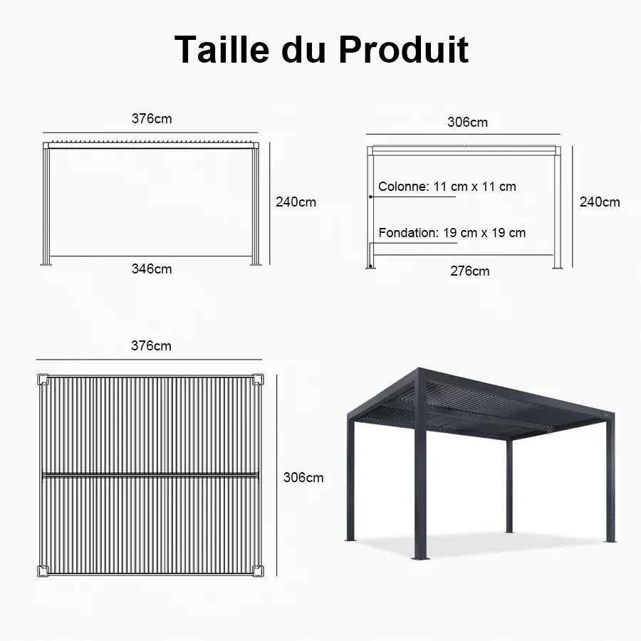 PURPLE LEAF Pergola Bioclimatique Pergola Aluminium Lames Orientables Tonnelle de Jardin Imperméable pour Terrasse Extérieur Carport, Gris