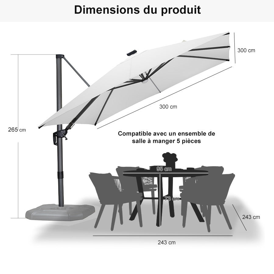 PURPLE LEAF Parasol Déporté avec LED Solaire 3 x 3 m Carré Inclinable avec socle