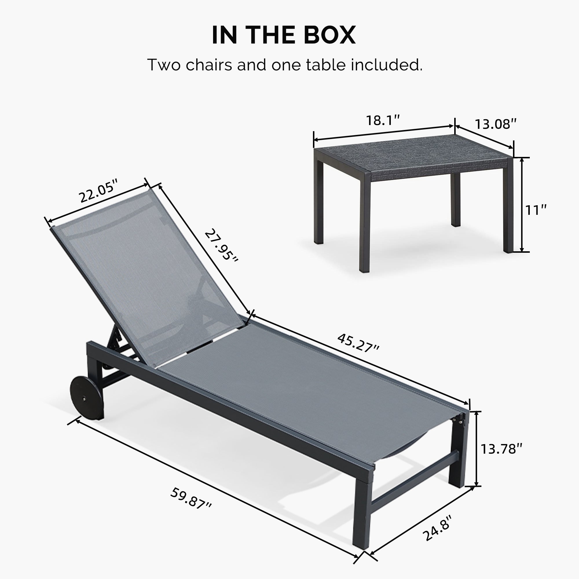 PURPLE LEAF Bain De Soleil Lot De 2 avec Table Textilène, Transat Jardin Exterieur Piscine Aluminium, Transat Piscine Anti UV, Charge Maximal 150 kg, Chaise Longue Pliable 2 roulettes