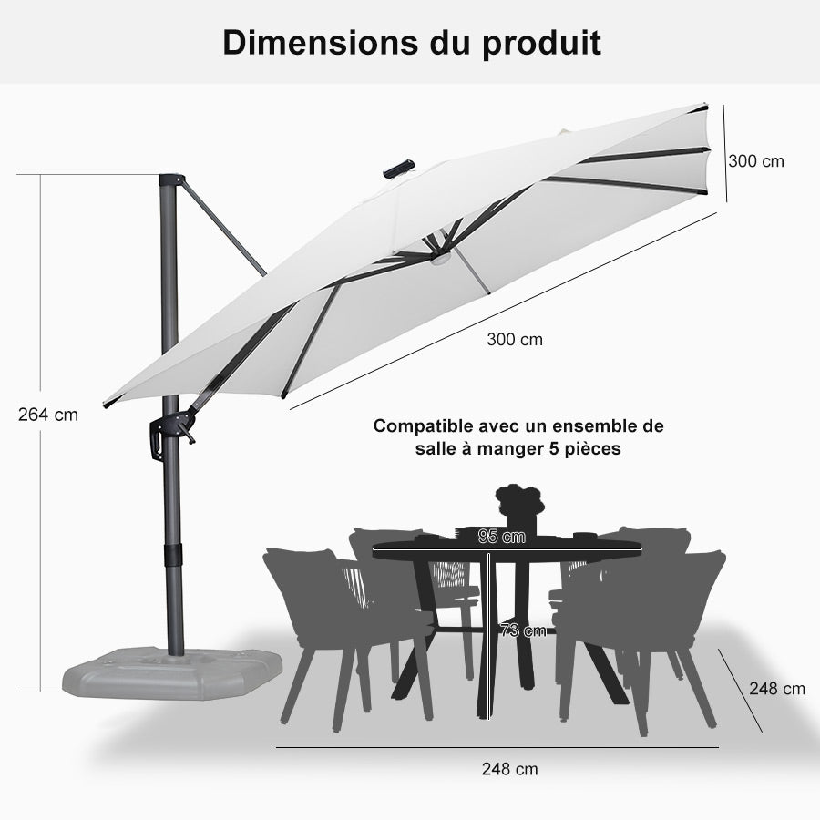 PURPLE LEAF Parasol Déporté avec LED Solaire 3 x 3 m Carré, Parasol De Jardin Extérieur Inclinable Toile Protection UV