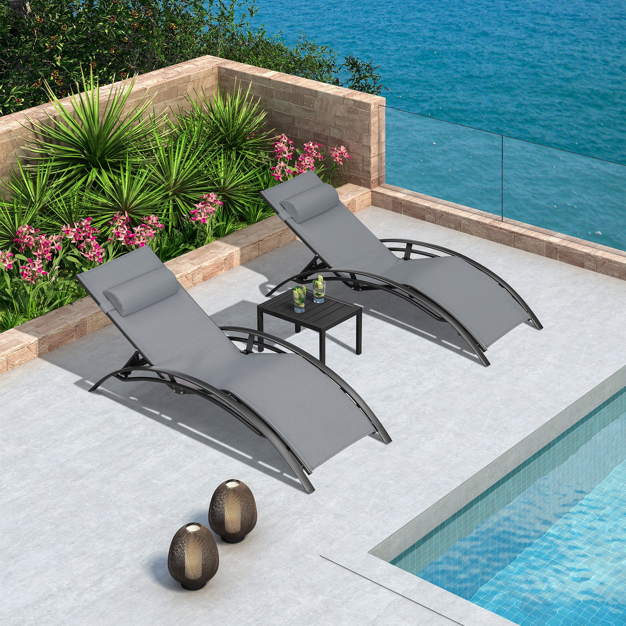 PURPLE LEAF Patio Chaise longue Ensemble de 3 Chaise longue d'extérieur Plage Piscine Bain de soleil Chaise longue inclinable, Table d'appoint incluse