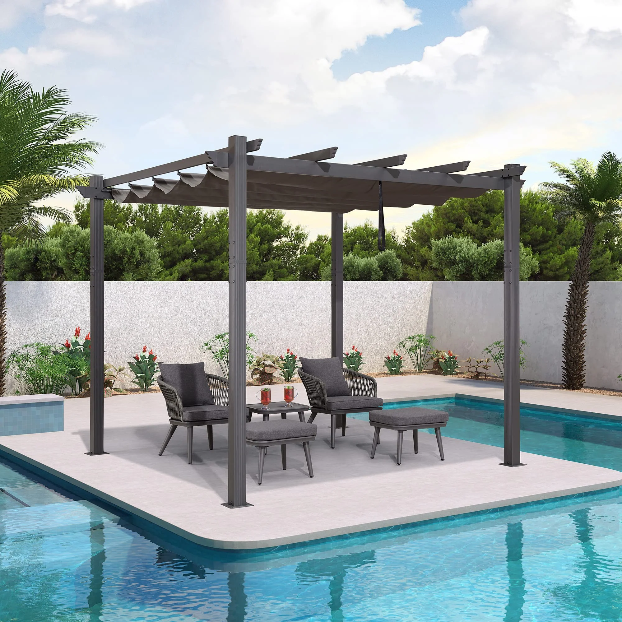 PURPLE LEAF Pergola Aluminium Tissu Teint en Fil Pergola pour Terrasse Exterieur, Toit Coulissante, Pavillon De Jardin