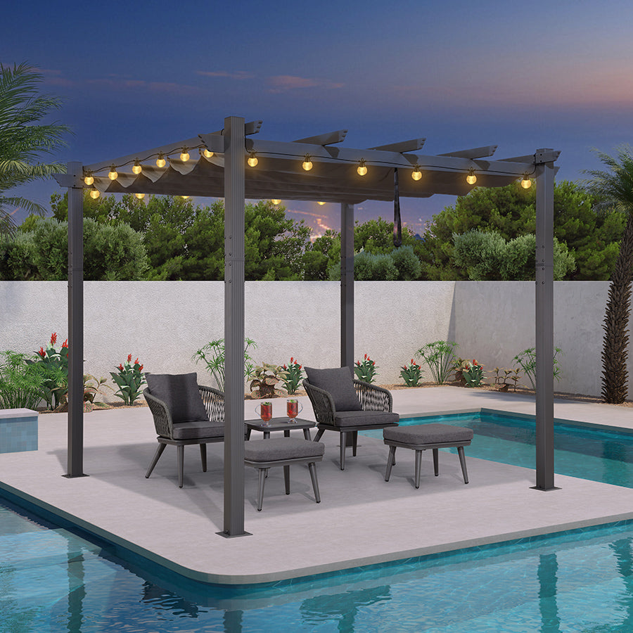 PURPLE LEAF Pergola Aluminium Tissu Teint en Fil avec Guirlande Lumineuse à Ampoules Transparentes Pergola pour Terrasse Exterieur Toit Coulissante Pavillon De Jardin