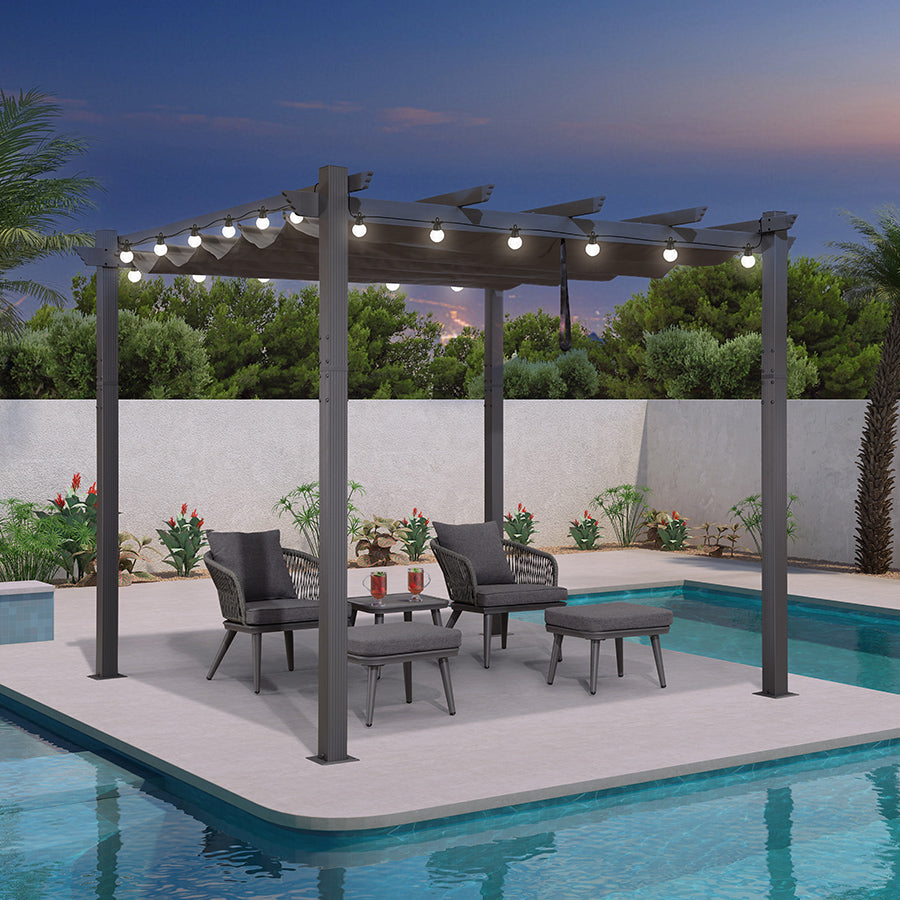 PURPLE LEAF Pergola Aluminium Tissu Teint en Fil Pergola pour Terrasse Exterieur, Toit Coulissante, Pavillon De Jardin Guirlande Lumineuse Blanc Lait