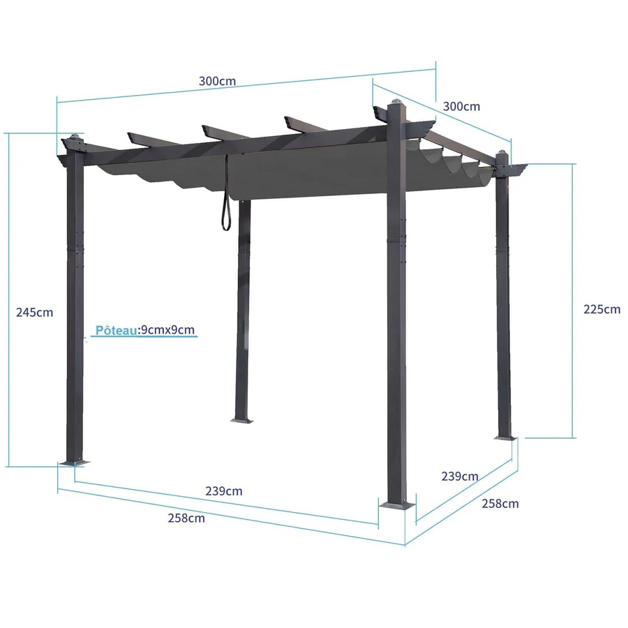 PURPLE LEAF Pergola Aluminium Tissu Teint en Fil avec Guirlande Lumineuse à Ampoules Transparentes Pergola pour Terrasse Exterieur Toit Coulissante Pavillon De Jardin