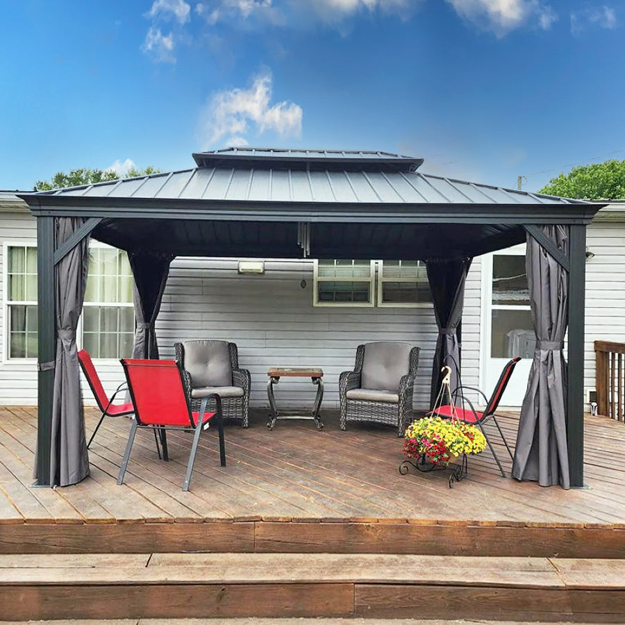 PURPLE LEAF Tonnelle De Jardin Exterieur Tonnelle Pergola Aluminum Avec Moustiquaire Et Rideaux Pavillon De Jardin à Double Toit Acier Galvanisé, Gris