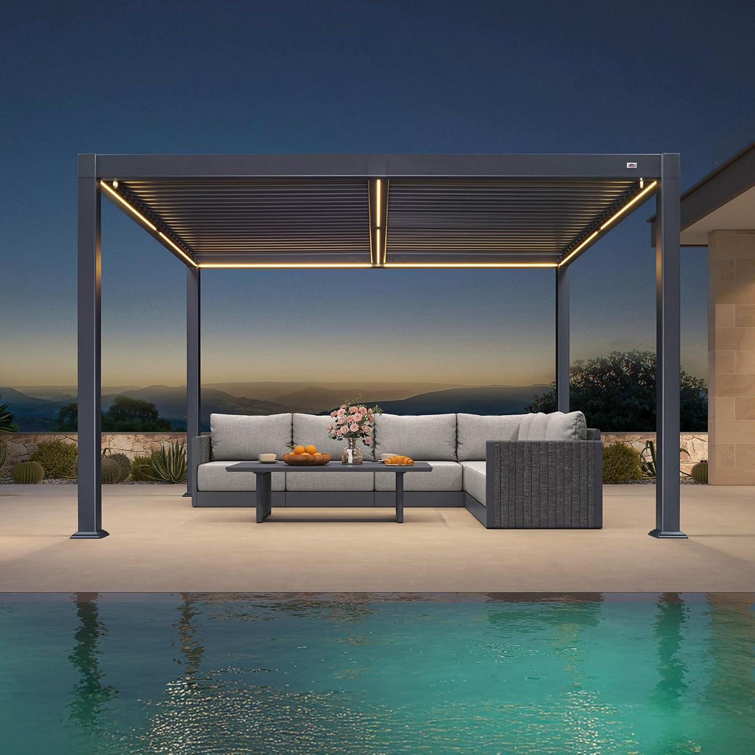 PURPLE LEAF Pergola Bioclimatique Toit à Lames avec Bande Lumineuse LED pour Terrasse Jardin, Gris