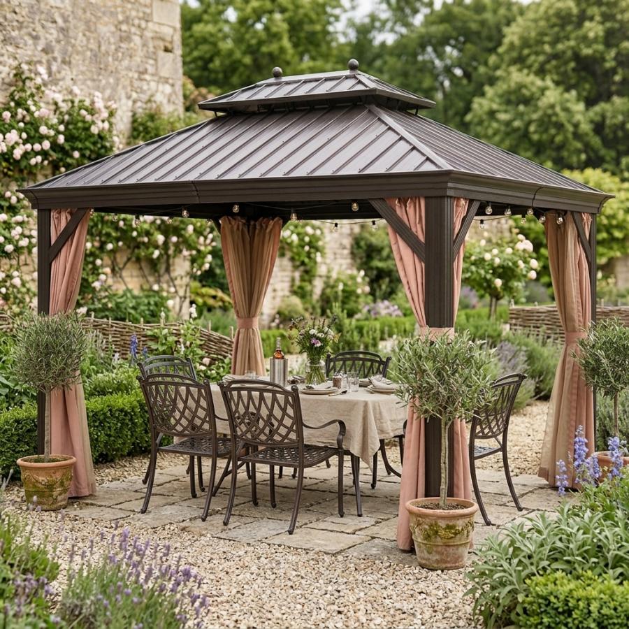 PURPLE LEAF Tonnelle de Jardin Toit Rigide - Pavillon de Terrasse avec Rideaux & Moustiquaire, Anti-Vent & Pluie, Structure Aluminium & Acier Galvanisé Bronze