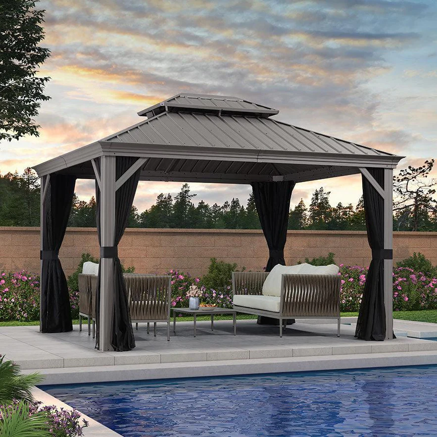 PURPLE LEAF Tonnelle de Jardin Pour Terrasse, Abris de Soleil Avec Toit Rigide en Acier Galvanisé, Equipée de Rideaux, Gris Clair