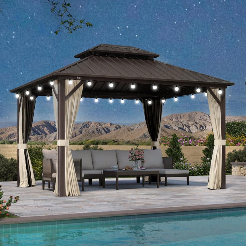 Purple Leaf Tonnelle de jardin Rigide Economique Bronze Toit Double en Acier Pergola Aluminum Avec Moustiquaire Rideaux Guirlandes Lumineuses Lait