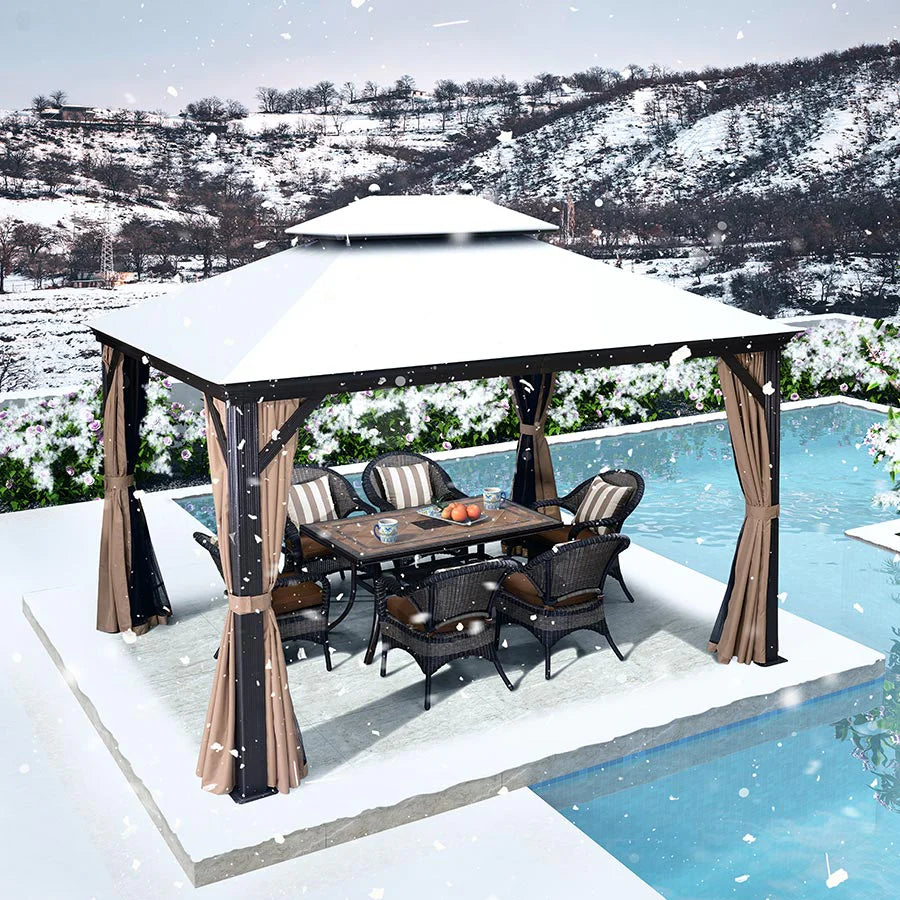 PURPLE LEAF Tonnelle De Jardin Tonnelle Pergola Aluminum Avec Moustiquaire Et Rideaux Pavillon De Jardin à Double Toit Acier Galvanisé, Bronze