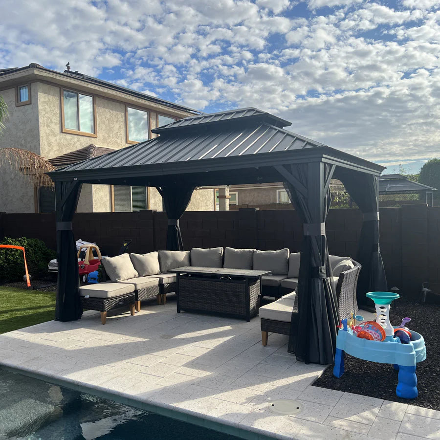PURPLE LEAF Tonnelle De Jardin Exterieur Tonnelle Pergola Aluminum Avec Moustiquaire Et Rideaux Pavillon De Jardin à Double Toit Acier Galvanisé, Gris
