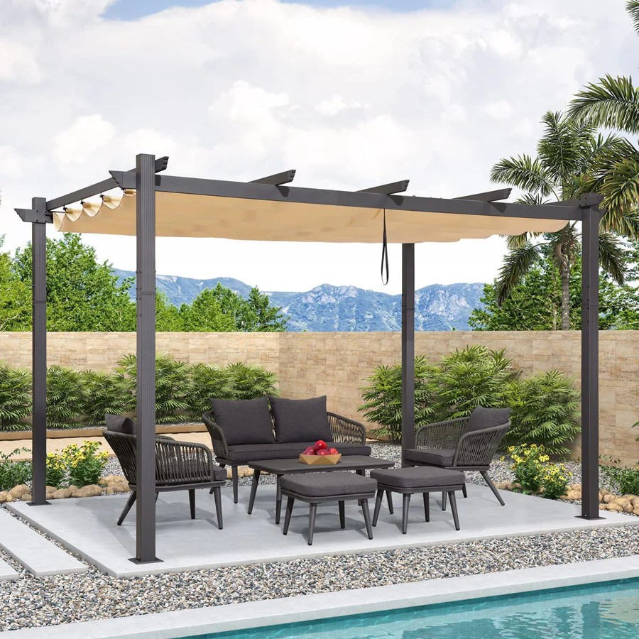 PURPLE LEAF Pergola Aluminium Tissu Teint en Fil Pergola pour Terrasse Exterieur, Toit Coulissante, Pavillon De Jardin