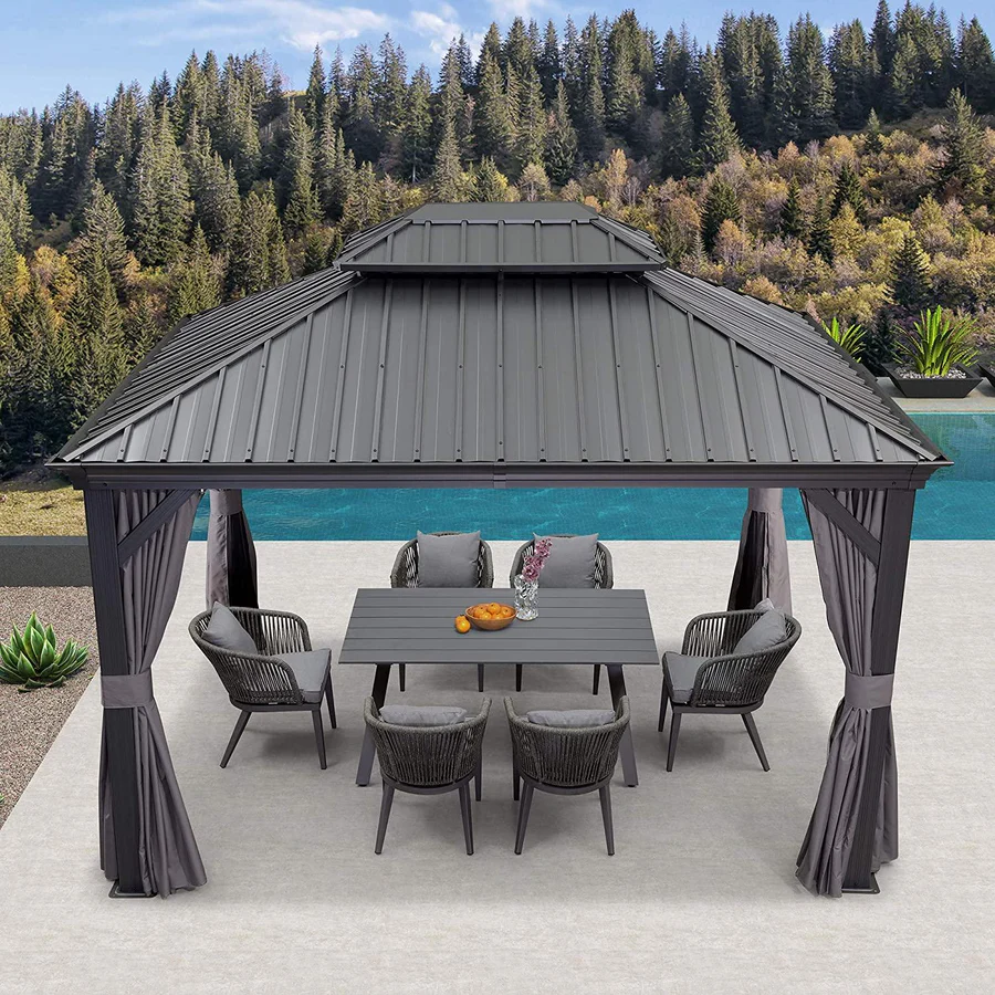 PURPLE LEAF Tonnelle De Jardin Exterieur Tonnelle Pergola Aluminum Avec Moustiquaire Et Rideaux Pavillon De Jardin à Double Toit Acier Galvanisé, Gris