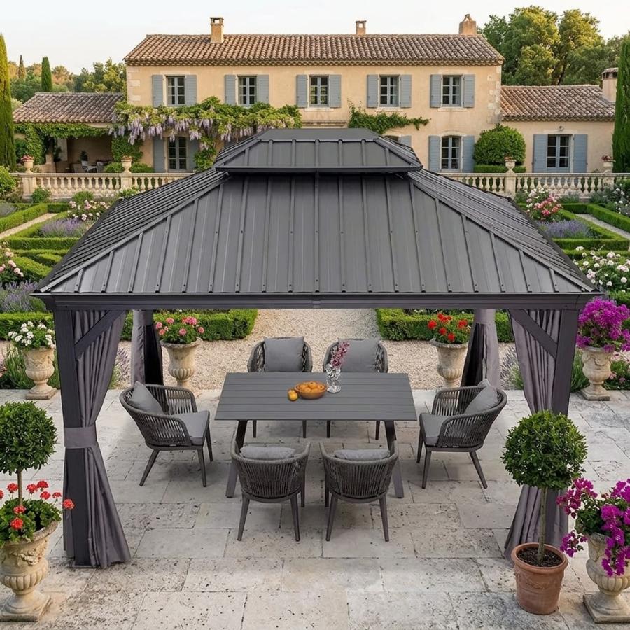 PURPLE LEAF Tonnelle de Jardin 3x4m Toit Rigide Double Gris Anthracite - Pavillon de Terrasse avec Rideaux & Moustiquaire, Anti-Vent & Pluie, Aluminium