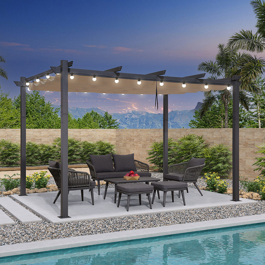 PURPLE LEAF Pergola Aluminium Tissu Teint en Fil Pergola pour Terrasse Exterieur, Toit Coulissante, Pavillon De Jardin Guirlande Lumineuse Blanc Lait