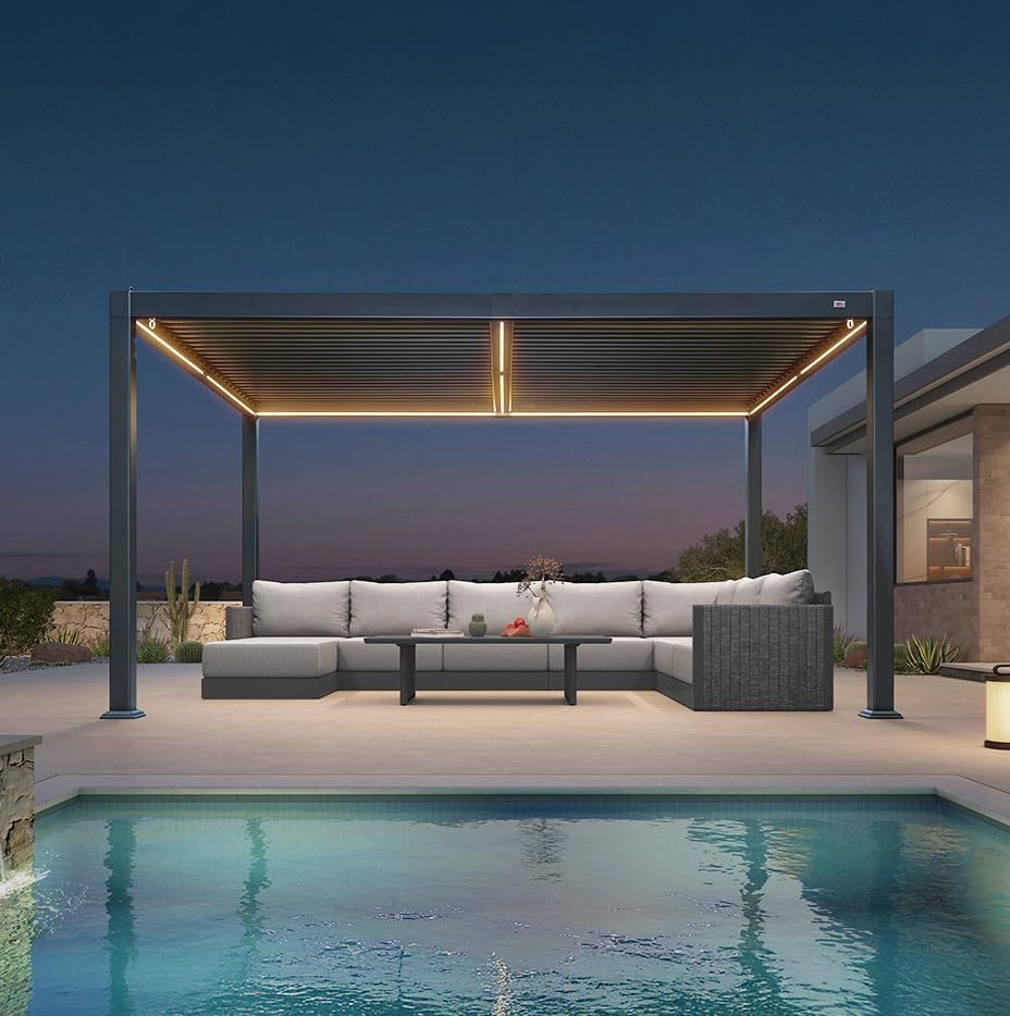 PURPLE LEAF Pergola Bioclimatique Toit à Lames avec Bande Lumineuse LED pour Terrasse Jardin, Gris