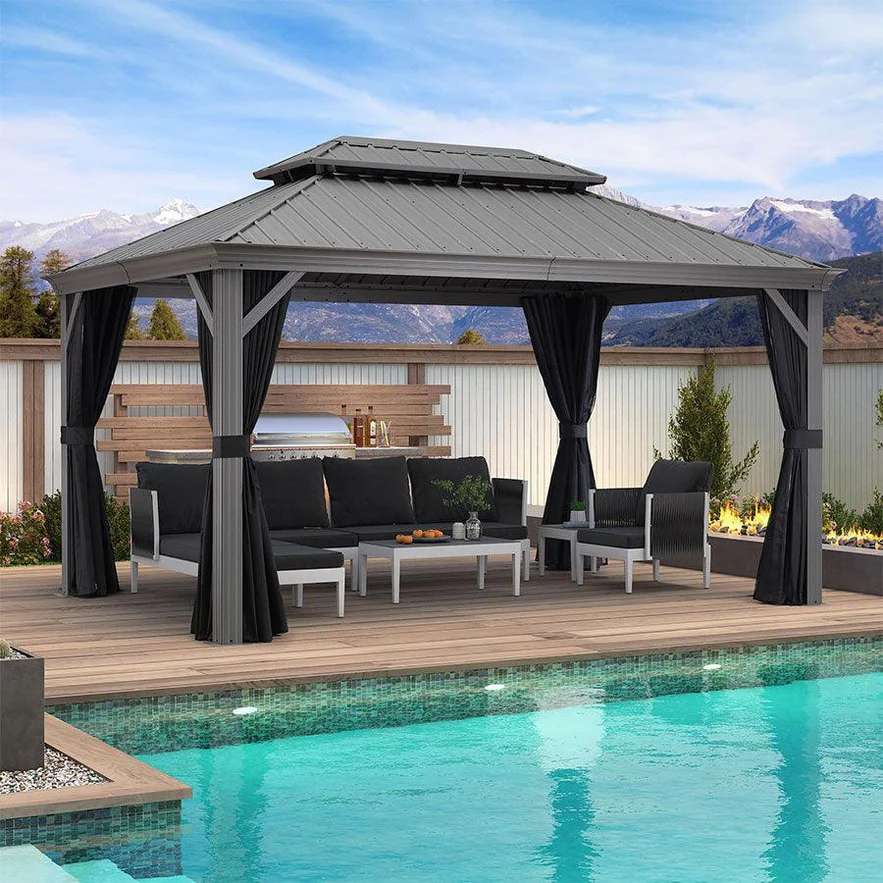 PURPLE LEAF Tonnelle de Jardin Pour Terrasse, Abris de Soleil Avec Toit Rigide en Acier Galvanisé, Equipée de Rideaux, Gris Clair