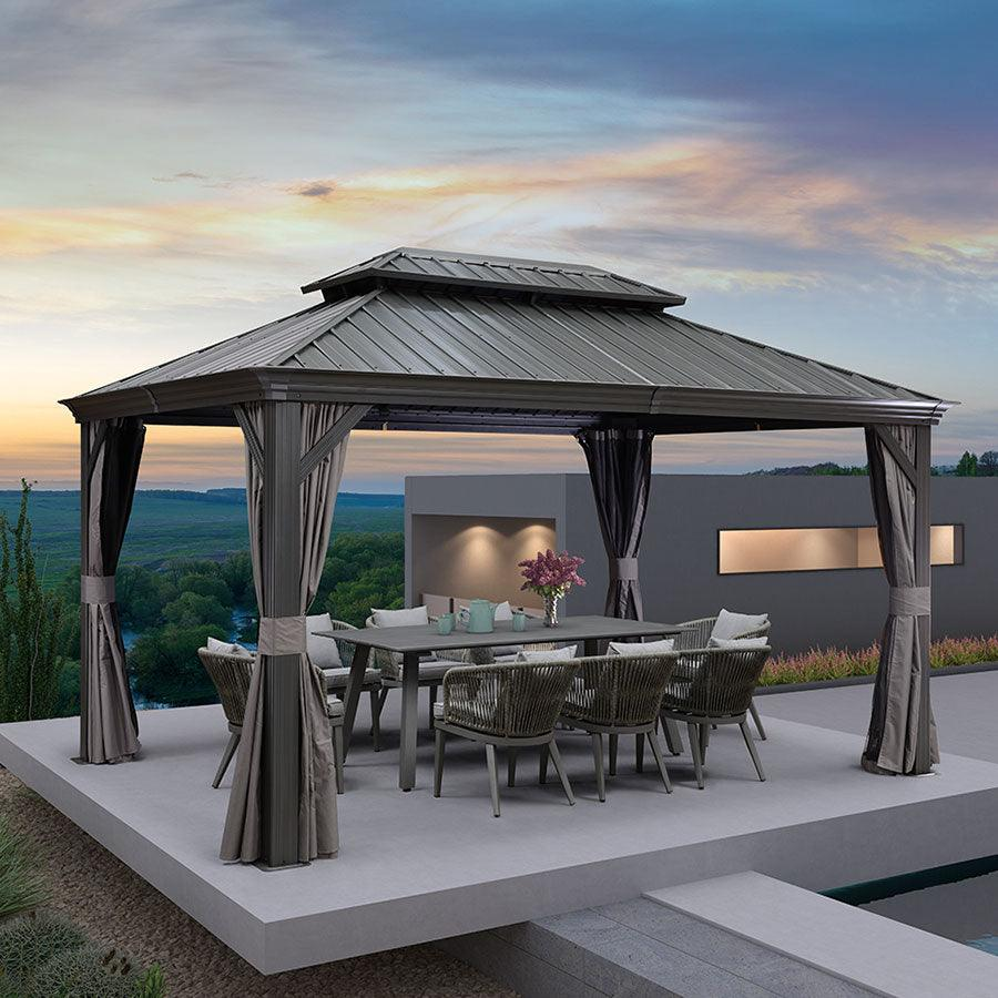 PURPLE LEAF Tonnelle De Jardin Exterieur Tonnelle Pergola Aluminum Avec Moustiquaire Et Rideaux Pavillon De Jardin à Double Toit Acier Galvanisé, Gris