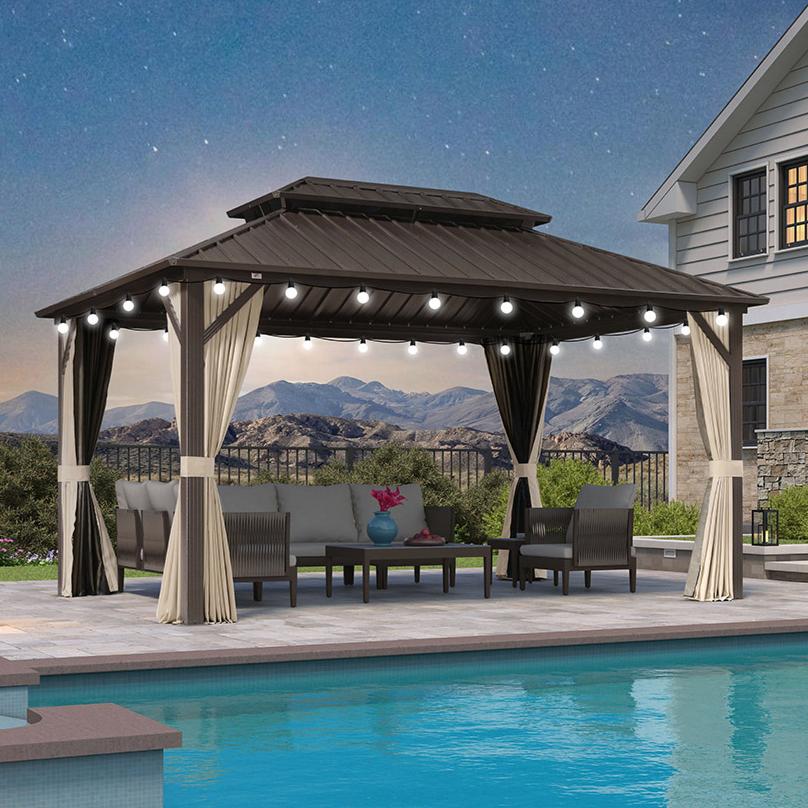 Purple Leaf Tonnelle de jardin Rigide Economique Bronze Toit Double en Acier Pergola Aluminum Avec Moustiquaire Rideaux Guirlandes Lumineuses Lait