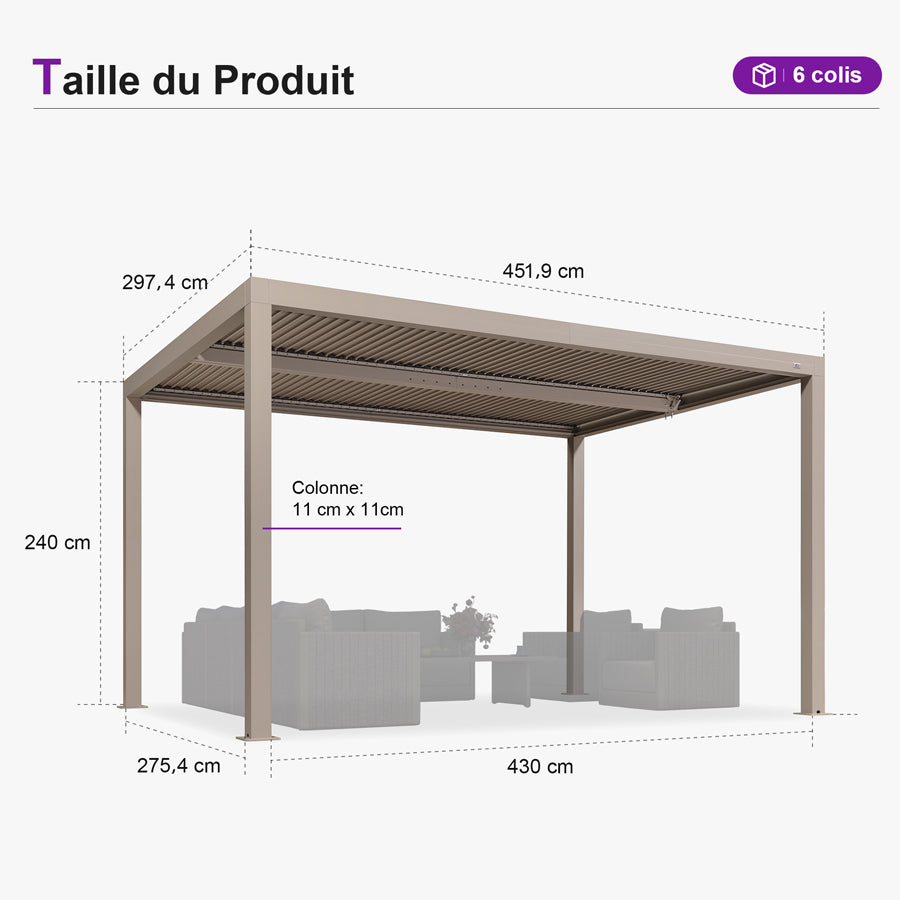PURPLE LEAF Pergola Bioclimatique Aluminium Tonnelle Indépendante Protection Solaire Pavillon Pour Jardin Terrasse Champagne