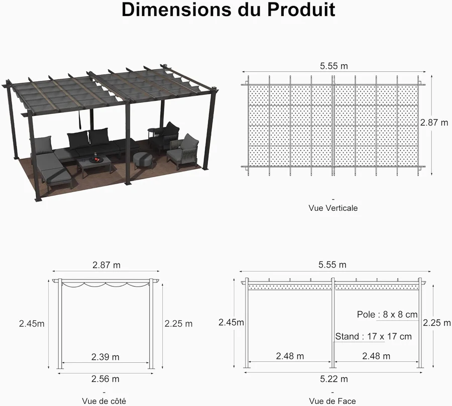 PURPLE LEAF Pergola Aluminium Tissu Teint en Fil avec Guirlande Lumineuse à Ampoules Transparentes Pergola pour Terrasse Exterieur Toit Coulissante Pavillon De Jardin
