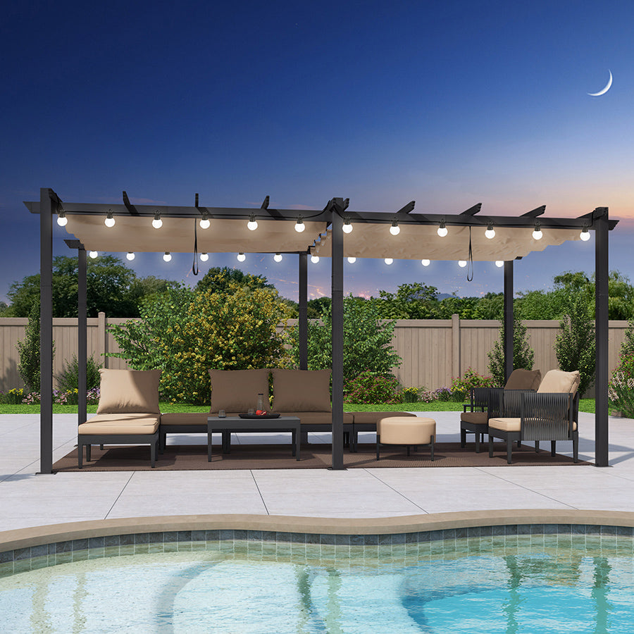PURPLE LEAF Pergola Aluminium Tissu Teint en Fil Pergola pour Terrasse Exterieur, Toit Coulissante, Pavillon De Jardin Guirlande Lumineuse Blanc Lait