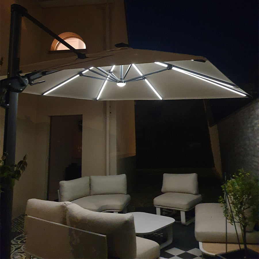 PURPLE LEAF Parasol Déporté avec LED Solaire 3 x 3 m Carré Inclinable avec socle