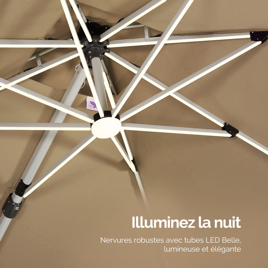 PURPLE LEAF Parasol De Jardin Extérieur Rond avec LED, Parasol Déporté avec Manivelle, Parasol Excentré Inclinable