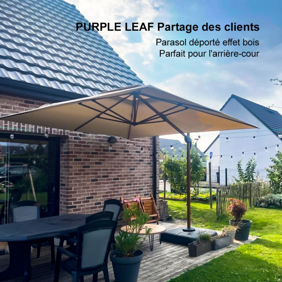 PURPLE LEAF Parasol Déporté Carré Grain de Bois en Aluminium avec socle