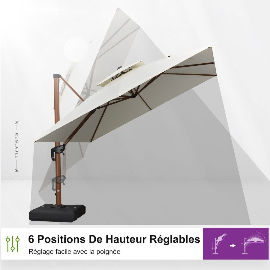 PURPLE LEAF Parasol Déporté Carré Grain de Bois en Aluminium avec socle