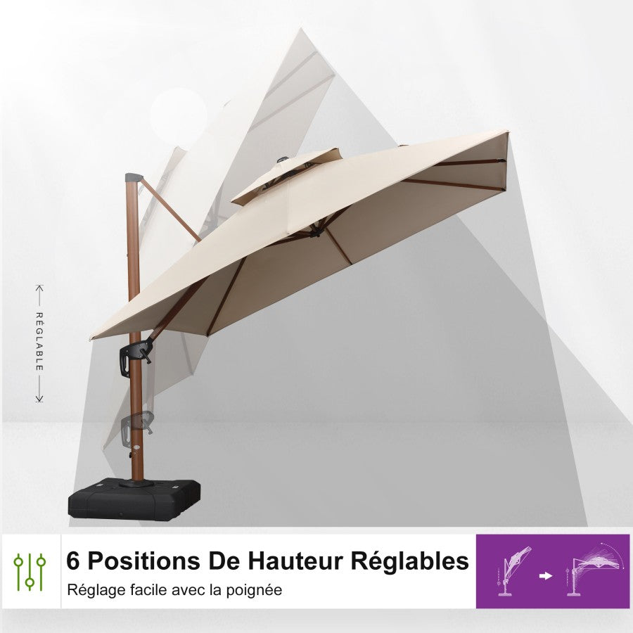 PURPLE LEAF Parasol Déporté Carré Grain de Bois en Aluminium avec socle