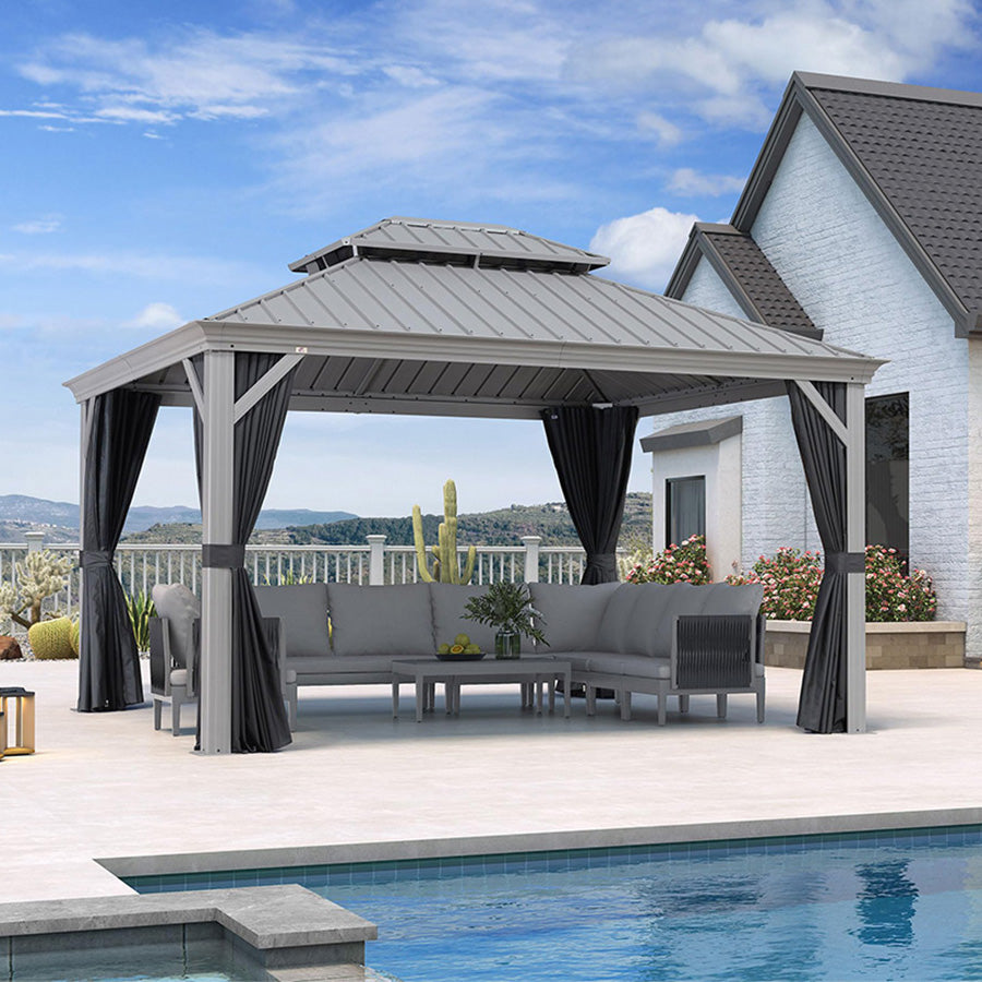 PURPLE LEAF Tonnelle de Jardin Pour Terrasse, Abris de Soleil Avec Toit Rigide en Acier Galvanisé, Equipée de Rideaux, Gris Clair