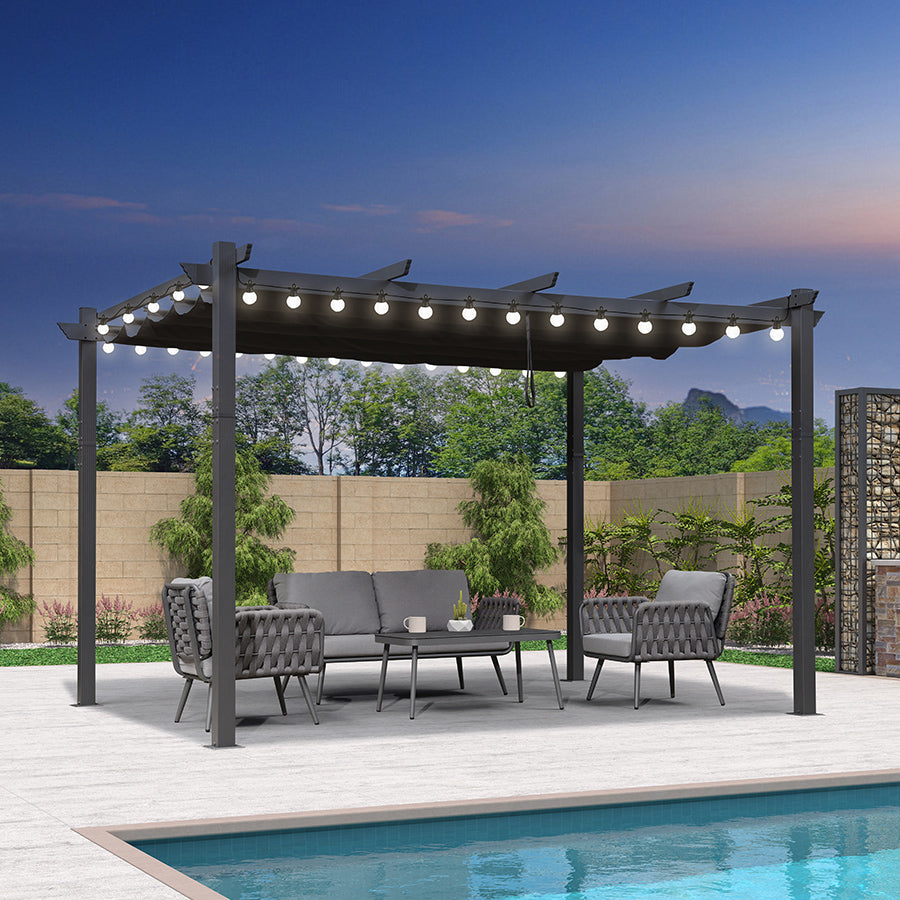 PURPLE LEAF Pergola Aluminium Tissu Teint en Fil Pergola pour Terrasse Exterieur, Toit Coulissante, Pavillon De Jardin Guirlande Lumineuse Blanc Lait