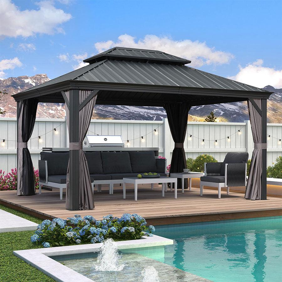 PURPLE LEAF Tonnelle De Jardin Exterieur Tonnelle Pergola Aluminum Avec Moustiquaire Et Rideaux Pavillon De Jardin à Double Toit Acier Galvanisé, Gris