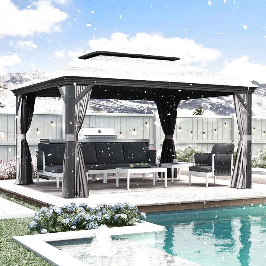 PURPLE LEAF Tonnelle De Jardin Exterieur Tonnelle Pergola Aluminum Avec Moustiquaire Et Rideaux Pavillon De Jardin à Double Toit Acier Galvanisé, Gris