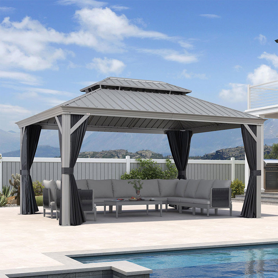 PURPLE LEAF Tonnelle de Jardin Pour Terrasse, Abris de Soleil Avec Toit Rigide en Acier Galvanisé, Equipée de Rideaux, Gris Clair