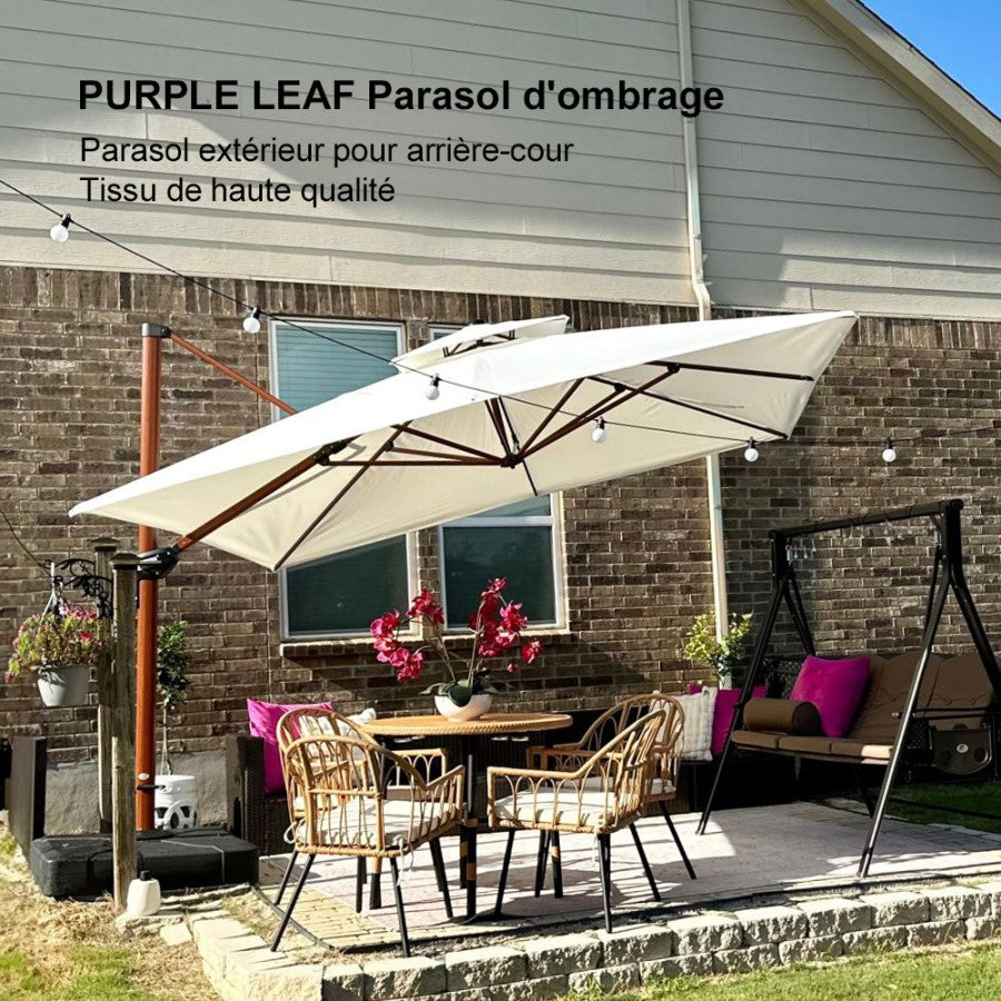 PURPLE LEAF Parasol Déporté Inclinable Grain de Bois en Aluminium Parasol De Jardin Extérieur Toit à Double Rotatif 360°