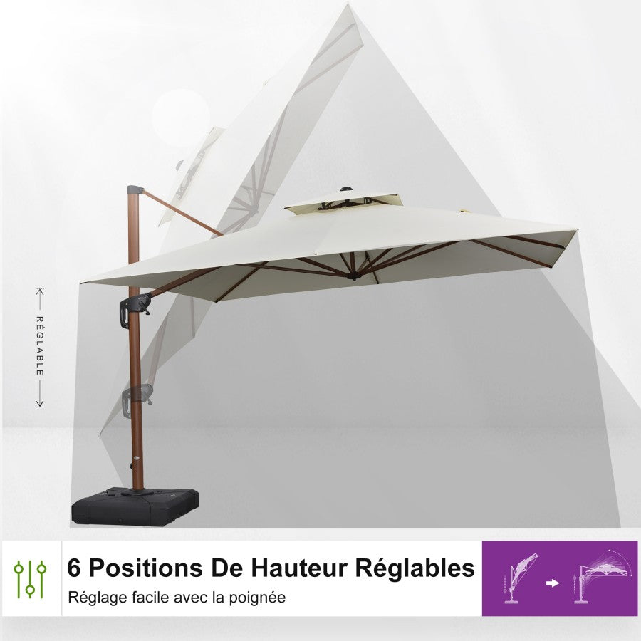 PURPLE LEAF Parasol Déporté Carré Grain de Bois en Aluminium avec socle