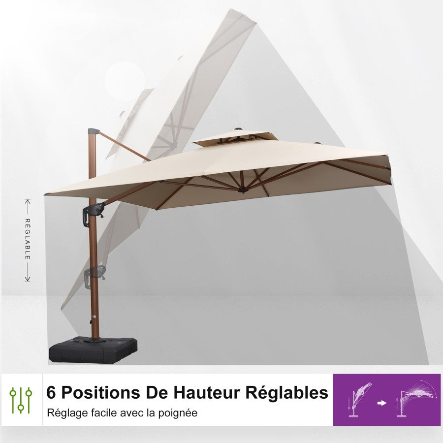 PURPLE LEAF Parasol Déporté Inclinable Grain de Bois en Aluminium Parasol De Jardin Extérieur Toit à Double Rotatif 360°