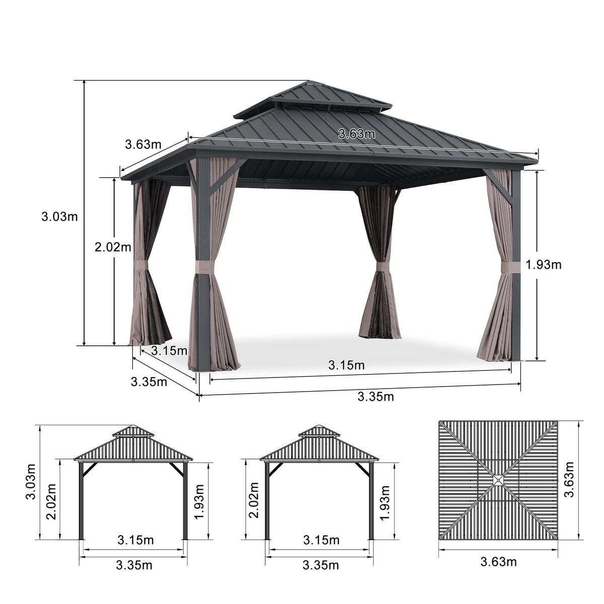 PURPLE LEAF Tonnelle de Jardin Gamme Raffinée Gris Anthracite - Pavillon Toit Rigide Double Anti-Vent avec Rideaux & Moustiquaire