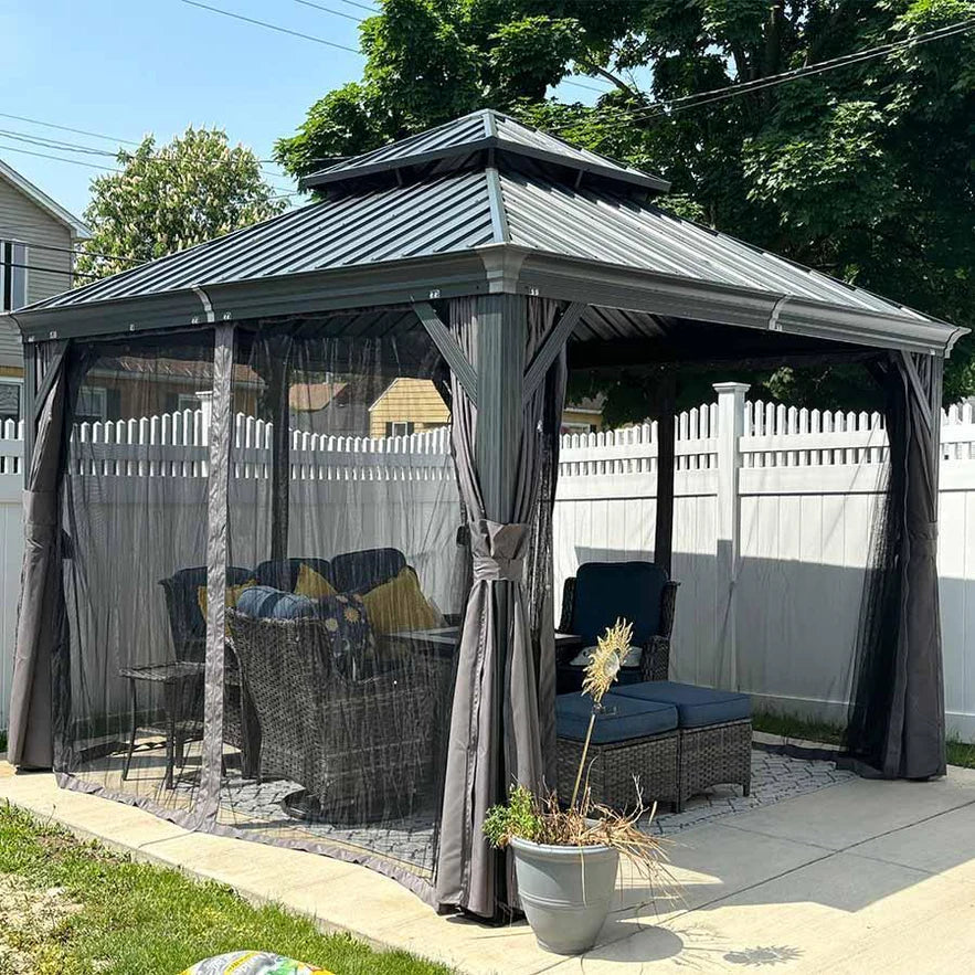 PURPLE LEAF Tonnelle De Jardin Exterieur Tonnelle Pergola Aluminum Avec Moustiquaire Et Rideaux Pavillon De Jardin à Double Toit Acier Galvanisé, Gris