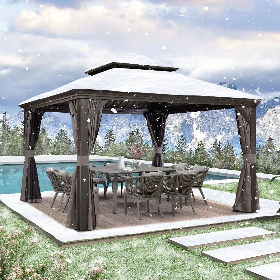 PURPLE LEAF Tonnelle De Jardin Exterieur Tonnelle Pergola Aluminum Avec Moustiquaire Et Rideaux Pavillon De Jardin à Double Toit Acier Galvanisé, Gris