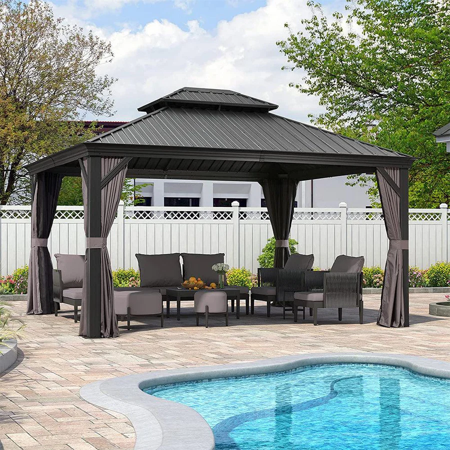 PURPLE LEAF Tonnelle De Jardin Exterieur Tonnelle Pergola Aluminum Avec Moustiquaire Et Rideaux Pavillon De Jardin à Double Toit Acier Galvanisé, Gris