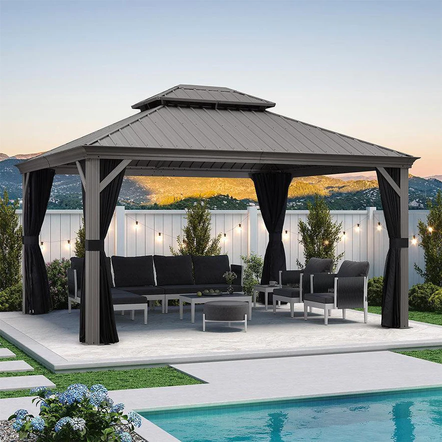 PURPLE LEAF Tonnelle de Jardin Pour Terrasse, Abris de Soleil Avec Toit Rigide en Acier Galvanisé, Equipée de Rideaux, Gris Clair