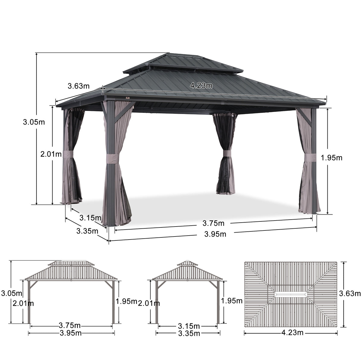 PURPLE LEAF Tonnelle de Jardin Gamme Raffinée Gris Anthracite - Pavillon Toit Rigide Double Anti-Vent avec Rideaux & Moustiquaire